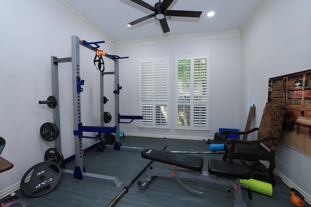 6 Lovenote Ct, The Woodlands, TX 77382 - exercise room with ceiling fan, ornamental molding, and baseboards