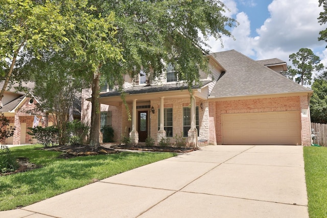 6 Lovenote Ct, The Woodlands, TX 77382 - view of front of home with roof with shingles, brick siding, a garage, concrete driveway, and a front yard