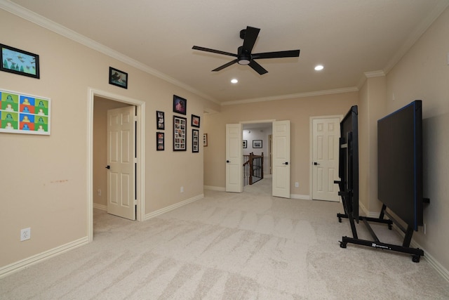 6 Lovenote Ct, The Woodlands, TX 77382 - exercise room with ornamental molding, ceiling fan, light carpet, recessed lighting, and baseboards