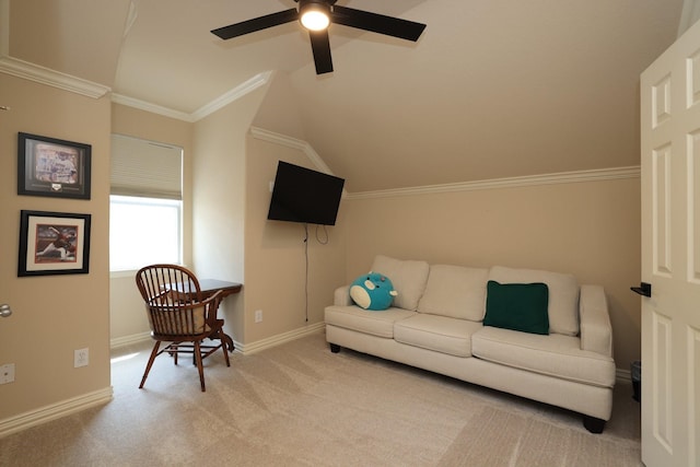 6 Lovenote Ct, The Woodlands, TX 77382 - living room featuring carpet flooring, ceiling fan, vaulted ceiling, baseboards, and crown molding