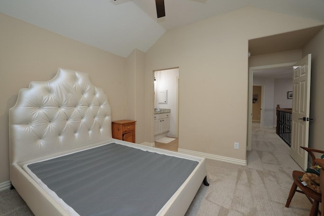6 Lovenote Ct, The Woodlands, TX 77382 - bedroom with lofted ceiling, light colored carpet, baseboards, ensuite bath, and ceiling fan