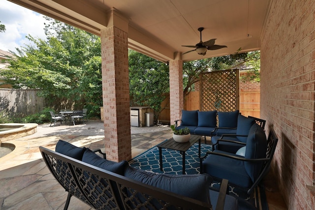 6 Lovenote Ct, The Woodlands, TX 77382 - fenced backyard featuring an outdoor hangout area, a patio area, outdoor dining space, and a ceiling fan