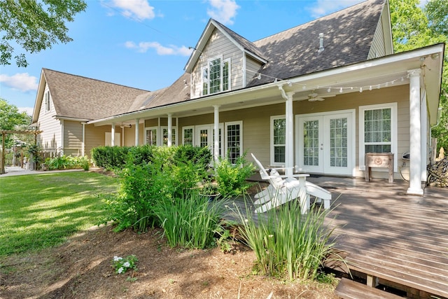 5318 E Plantation Oaks Dr, Arcola, TX 77583 - rear view of property with french doors, a ceiling fan, a shingled roof, and a yard
