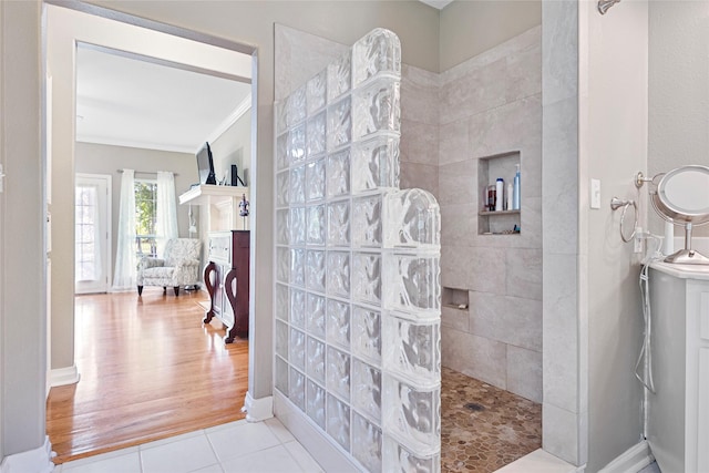 5318 E Plantation Oaks Dr, Arcola, TX 77583 - full bath with walk in shower, crown molding, tile patterned floors, and baseboards