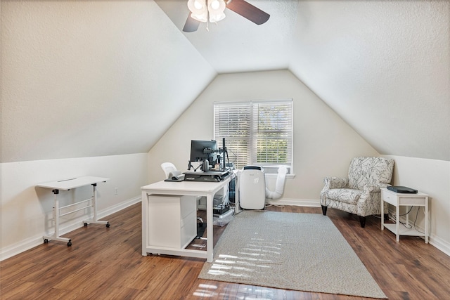 5318 E Plantation Oaks Dr, Arcola, TX 77583 - home office with a ceiling fan, wood finished floors, lofted ceiling, and baseboards