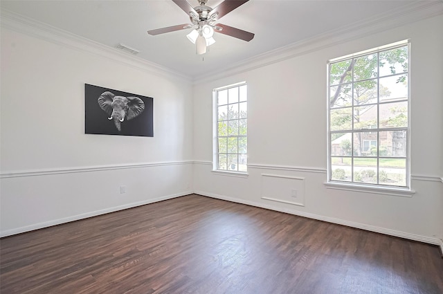 2130 Avenida La Quinta St, Houston, TX 77077 - empty room featuring dark wood-style floors, ornamental molding, a ceiling fan, and baseboards