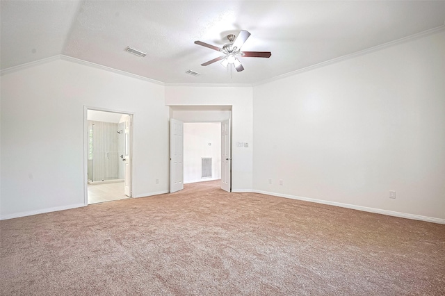 2130 Avenida La Quinta St, Houston, TX 77077 - empty room featuring ceiling fan, light colored carpet, ornamental molding, baseboards, and vaulted ceiling