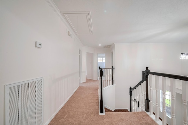 2130 Avenida La Quinta St, Houston, TX 77077 - corridor featuring attic access, an upstairs landing, carpet flooring, ornamental molding, and baseboards