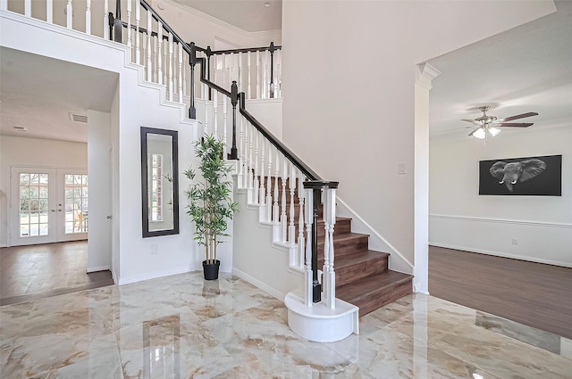 2130 Avenida La Quinta St, Houston, TX 77077 - entrance foyer featuring a ceiling fan, stairway, french doors, marble tiled flooring, and crown molding