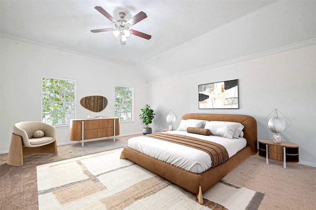 2130 Avenida La Quinta St, Houston, TX 77077 - carpeted bedroom featuring ornamental molding, baseboards, ceiling fan, and vaulted ceiling