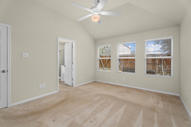 11410 Dahlia Dale Dr, Tomball, TX 77375 - unfurnished bedroom featuring vaulted ceiling, carpet floors, baseboards, ensuite bath, and a ceiling fan
