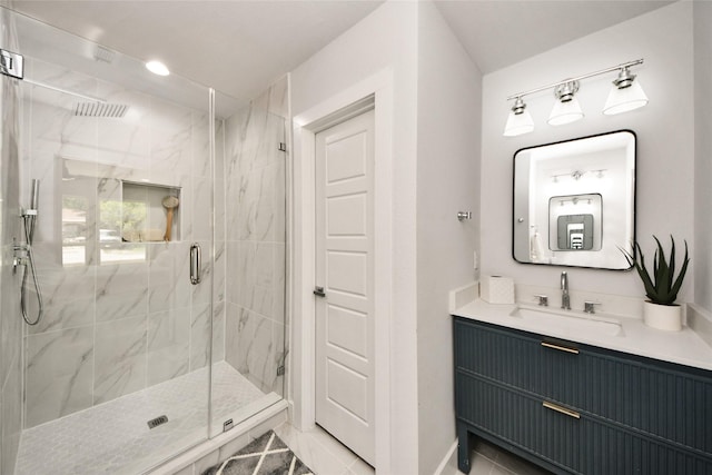 3630 Alsace St, Houston, TX 77021 - full bathroom featuring vanity, a marble finish shower, and tile patterned floors