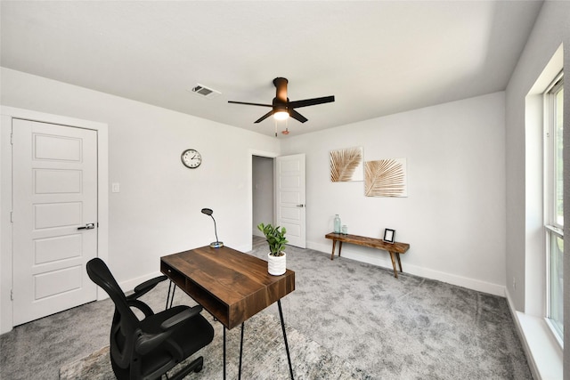 3630 Alsace St, Houston, TX 77021 - home office featuring carpet flooring, a ceiling fan, and baseboards