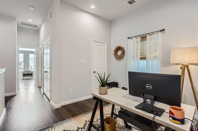 18823 Luminescent Ln, Spring, TX 77379 - home office with dark wood-type flooring, baseboards, and recessed lighting