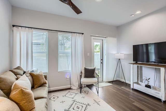 18823 Luminescent Ln, Spring, TX 77379 - living room featuring baseboards, ceiling fan, wood finished floors, and recessed lighting