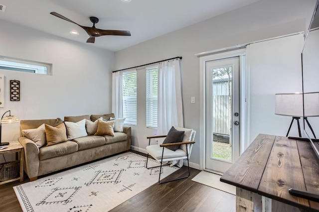 18823 Luminescent Ln, Spring, TX 77379 - living room with ceiling fan, wood finished floors, baseboards, and recessed lighting