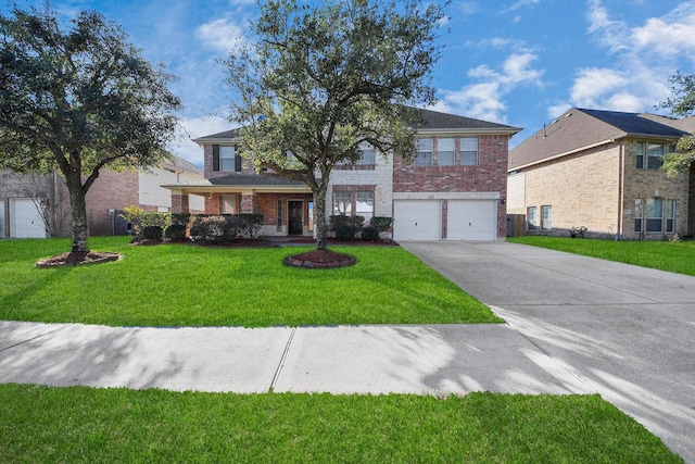 6723 Stableton Ln, Houston, TX 77049 - view of front of home with an attached garage, concrete driveway, brick siding, and a front lawn