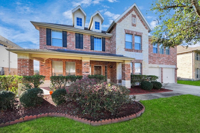 6723 Stableton Ln, Houston, TX 77049 - view of front of home featuring brick siding, concrete driveway, an attached garage, and a front lawn