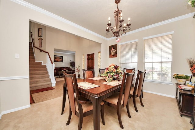 6723 Stableton Ln, Houston, TX 77049 - dining area featuring light colored carpet, a chandelier, crown molding, stairs, and baseboards