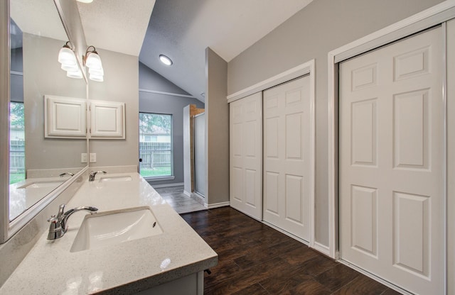 13215 Bunker Hill Dr, Willis, TX 77318 - full bath featuring lofted ceiling, double vanity, wood finished floors, and a chandelier