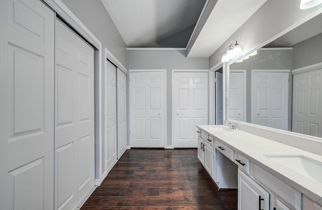 13215 Bunker Hill Dr, Willis, TX 77318 - bathroom with double vanity, wood finished floors, a closet, and vaulted ceiling
