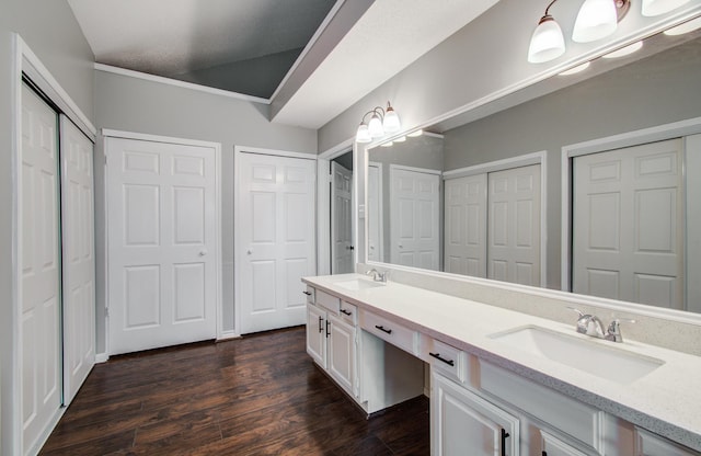 13215 Bunker Hill Dr, Willis, TX 77318 - bathroom featuring a closet, double vanity, and wood finished floors