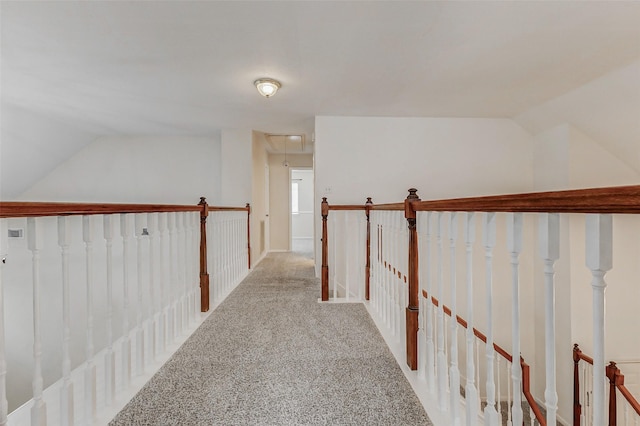 17935 Western Pass Ln, Houston, TX 77095 - hall with attic access, carpet flooring, vaulted ceiling, and an upstairs landing