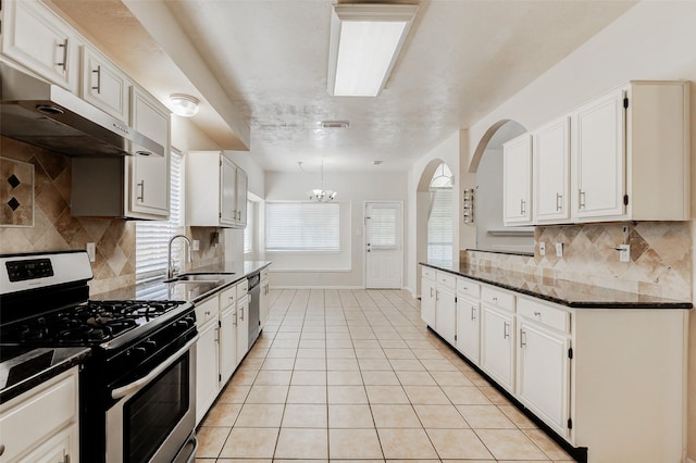 17935 Western Pass Ln, Houston, TX 77095 - kitchen featuring stainless steel appliances, a sink, under cabinet range hood, a chandelier, and tasteful backsplash