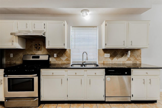 17935 Western Pass Ln, Houston, TX 77095 - kitchen featuring stainless steel appliances, a sink, under cabinet range hood, and white cabinets