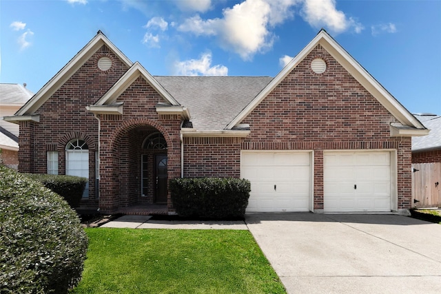 17935 Western Pass Ln, Houston, TX 77095 - view of front facade featuring brick siding, driveway, a garage, and a shingled roof