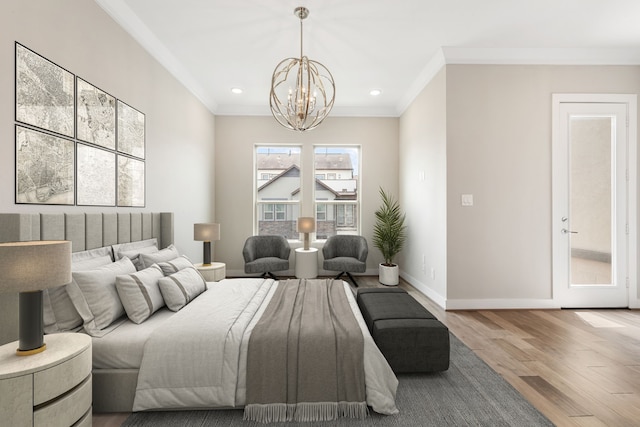 2653 Fountain Key Blvd, Houston, TX 77008 - bedroom with wood finished floors, a chandelier, ornamental molding, baseboards, and recessed lighting