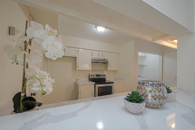 3968 Belle Park Dr, Houston, TX 77072 - kitchen with stainless steel electric range oven, under cabinet range hood, light countertops, and white cabinetry