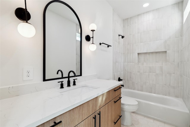 2949 Delafield St, Houston, TX 77023 - bathroom featuring vanity, toilet, tile patterned floors, tub / shower combination, and recessed lighting