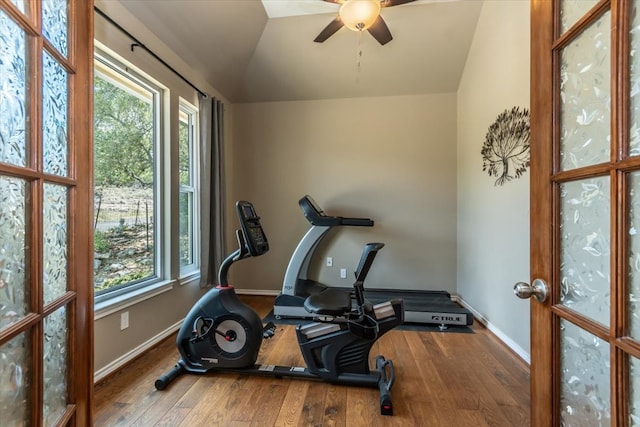 1328 Lakepark Dr, Lakehills, TX 78063 - workout area with vaulted ceiling, hardwood / wood-style floors, healthy amount of natural light, a ceiling fan, and baseboards