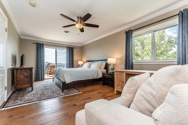 1328 Lakepark Dr, Lakehills, TX 78063 - bedroom featuring access to outside, hardwood / wood-style floors, crown molding, and ceiling fan