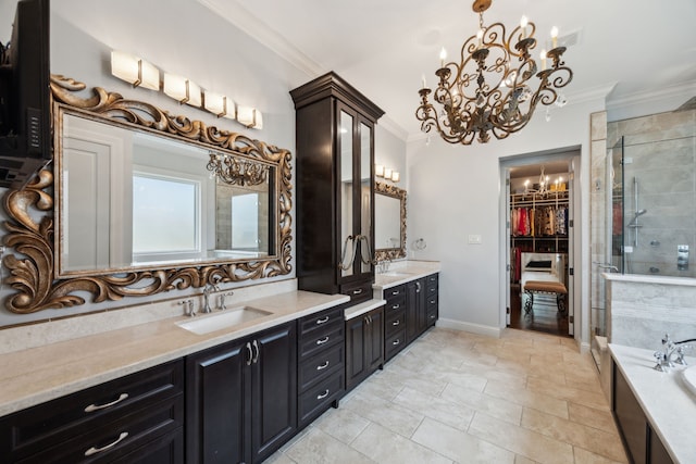 5659 Willers Way, Houston, TX 77056 - full bath featuring crown molding, a chandelier, double vanity, a shower stall, and a spacious closet
