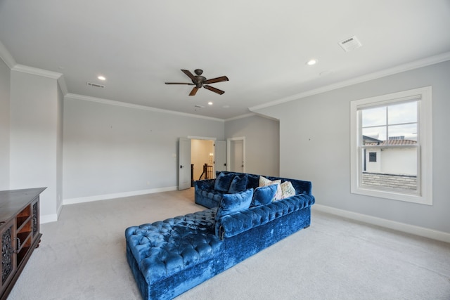 5659 Willers Way, Houston, TX 77056 - carpeted living area with recessed lighting, baseboards, crown molding, and ceiling fan