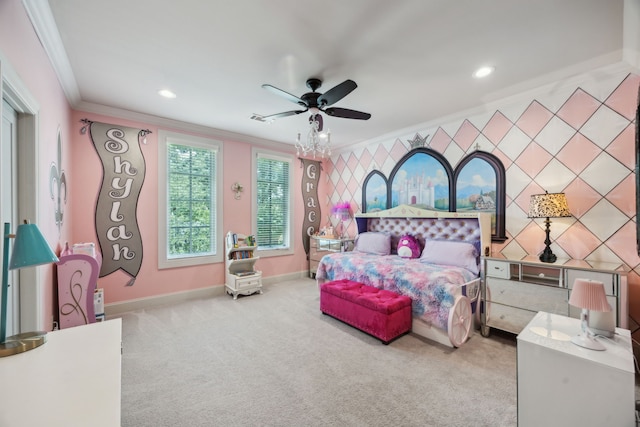 5659 Willers Way, Houston, TX 77056 - carpeted bedroom with ornamental molding, baseboards, a ceiling fan, and recessed lighting