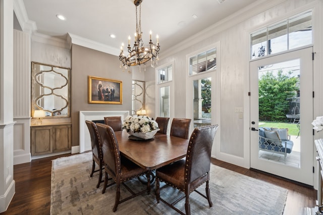 5659 Willers Way, Houston, TX 77056 - dining area with a chandelier, wood finished floors, ornamental molding, and recessed lighting