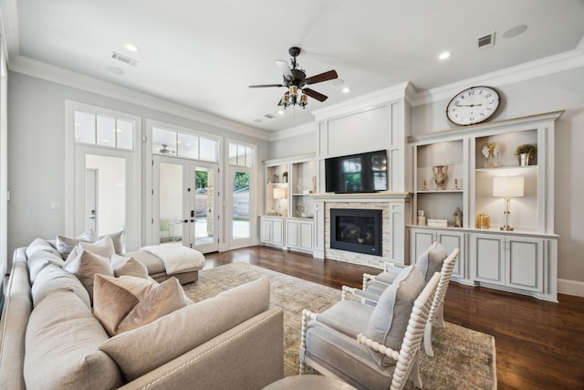 5659 Willers Way, Houston, TX 77056 - living area with dark wood-style flooring, a ceiling fan, crown molding, french doors, and a fireplace