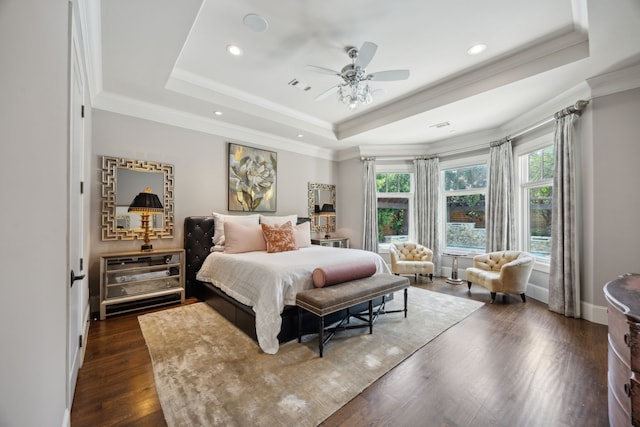 5659 Willers Way, Houston, TX 77056 - bedroom with a tray ceiling, dark wood finished floors, recessed lighting, a ceiling fan, and crown molding