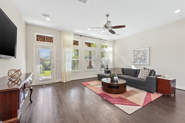 824 W 20th St, Houston, TX 77008 - living area with a ceiling fan, healthy amount of natural light, wood-type flooring, recessed lighting, and baseboards