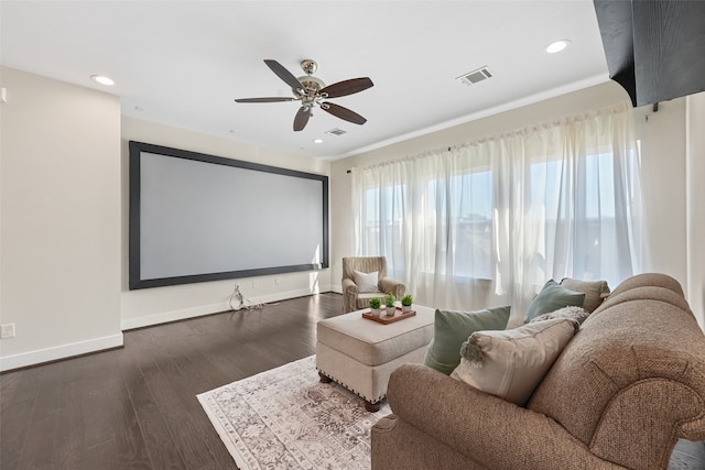 824 W 20th St, Houston, TX 77008 - cinema room featuring ceiling fan, dark wood-type flooring, baseboards, and recessed lighting