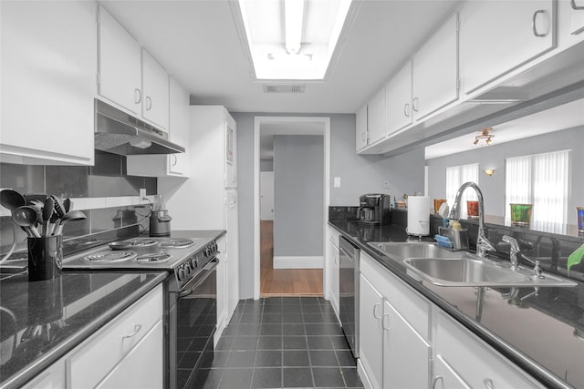 1909 Brun St Unit 17, Houston, TX 77019 - kitchen featuring under cabinet range hood, electric range, a sink, dishwasher, and white cabinets