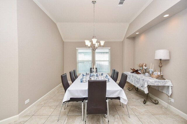 19527 Sundance Edge Ct, Richmond, TX 77407 - dining space featuring lofted ceiling, a chandelier, crown molding, baseboards, and light tile patterned floors