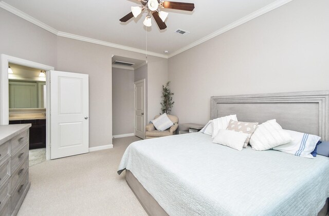 19527 Sundance Edge Ct, Richmond, TX 77407 - bedroom featuring crown molding, light colored carpet, baseboards, and a ceiling fan
