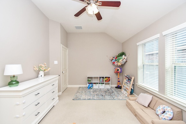 19527 Sundance Edge Ct, Richmond, TX 77407 - rec room with light carpet, ceiling fan, lofted ceiling, and baseboards