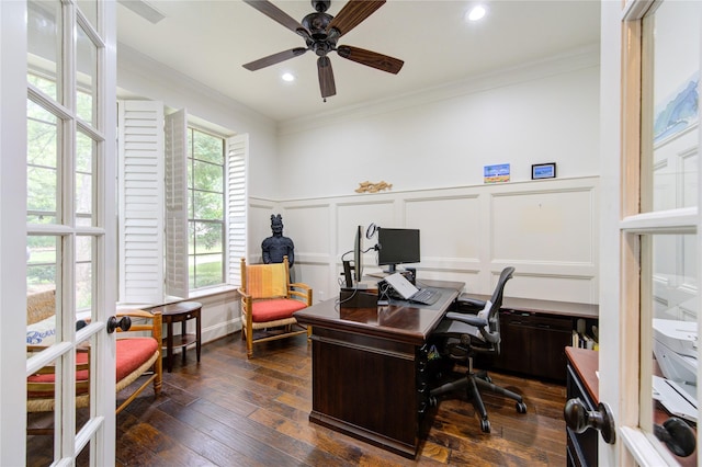 62 W Mirror Ridge Cir, The Woodlands, TX 77382 - office area featuring a decorative wall, ornamental molding, dark wood-style floors, ceiling fan, and wainscoting