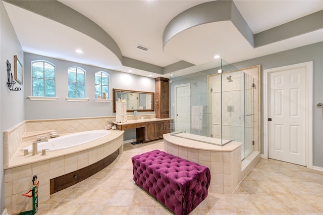 62 W Mirror Ridge Cir, The Woodlands, TX 77382 - full bath with a garden tub, a stall shower, vanity, recessed lighting, and tile patterned flooring