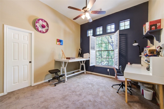 62 W Mirror Ridge Cir, The Woodlands, TX 77382 - office with carpet flooring, ceiling fan, baseboards, and vaulted ceiling